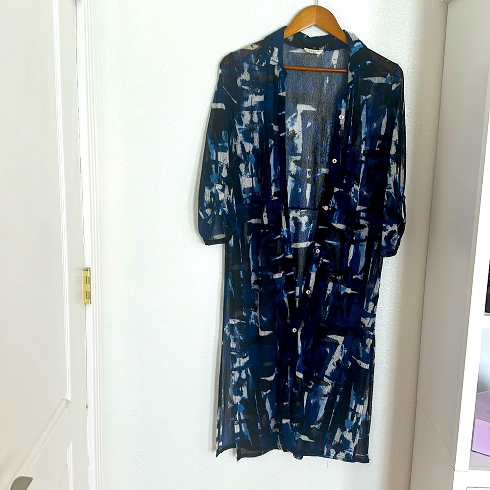 Full length sheer swim, cover up, Med, brand? gold buttons high slit on sides.
